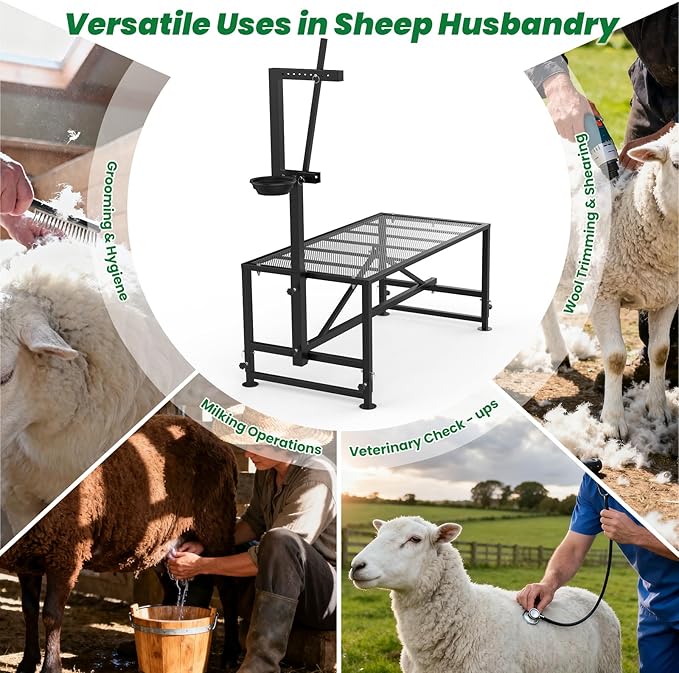 Goat Stand for Milking with Feed Bin, 600LBs Metal Trimming Stand for Sheep Goat with Adjustable Size Goat Milking Stand for Clipping Hooves