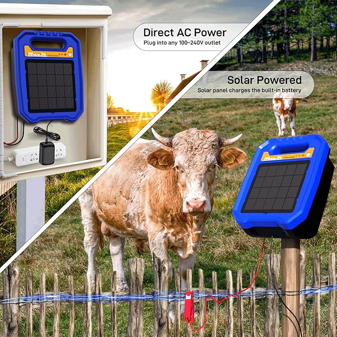 Solar Electric Fence Charger for Livestock, Low Consumption Electric Fence Controller with Smart Day/Night Mode, Suitable for Pasture or Garden Fencing