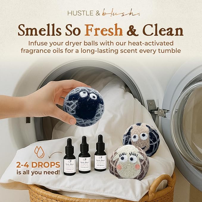 Hustle & Blush Fluff Ewes Wool Dryer Balls 3 Pack - XL Darks Premium New Zealand Laundry Set, Reduces Drying Time, Static Control, Chemical Free, Ideal Holiday Gifts for Women & Men