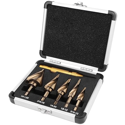 COMOWARE 5PCS M35 Cobalt Step Drill Bit Set with 1/4" Hex Shank, Automatic Center Punch, Two Spiral Flute Impact Design, Ideal for Metal, Stainless Steel, Wood, Plastic