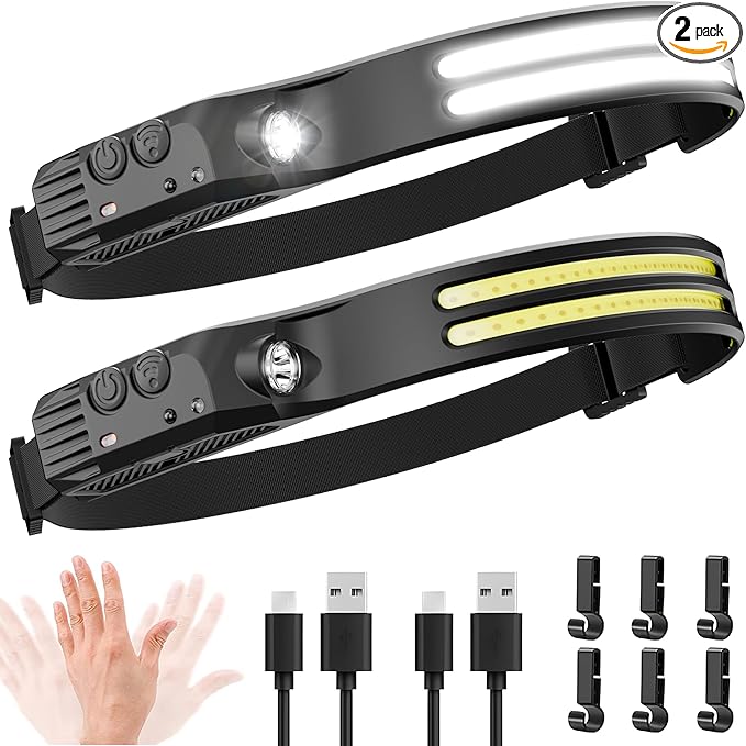 2PCS LED Headlamp Rechargeable - 230° COB Super Bright Head Lights for Forehead, Hard hat Light for Adults, USB C Headband Flashlight for Work, Hiking, Running, Camping Essentials Gear