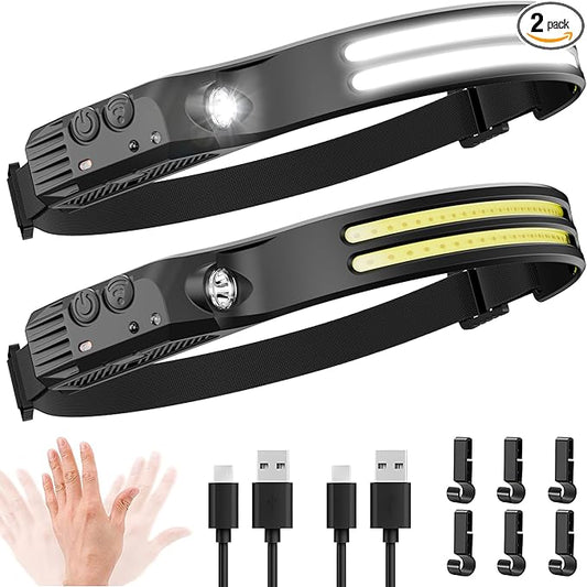 2PCS LED Headlamp Rechargeable - 230° COB Super Bright Head Lights for Forehead, Hard hat Light for Adults, USB C Headband Flashlight for Work, Hiking, Running, Camping Essentials Gear