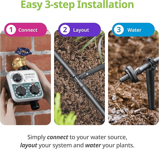 Raindrip R560DP Drip Watering System, Automatic Drip Irrigation System with Timer for Containers and Hanging Baskets, Waters up to 20 Plants, Includes 20 Drippers, Black