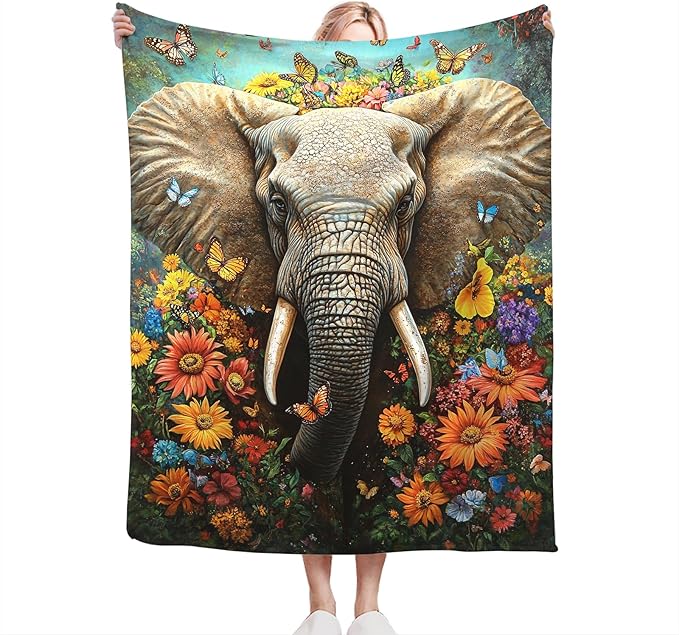 Elephant Blanket Gifts for Girls Boys Soft Warm Plush Elephant Animal Flower Butterfly Throw Blanket Flannel Fleece Fuzzy Blankets for Kids Lover Bed Couch Living Room Decor 80"X60"