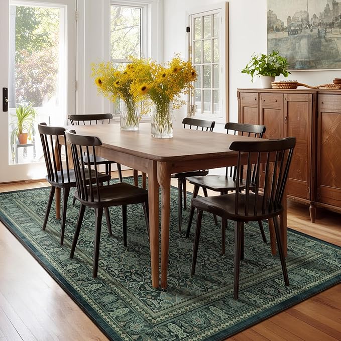 Dark Green Area Rug 5x8 for Lving Room Bedroom, Washable Non Slip Low Pile Thin Rugs for Dining Room, Vintage Boho Floral Moroccan Pattern Printed Carpet Rug for Dining Room Kitchen Office