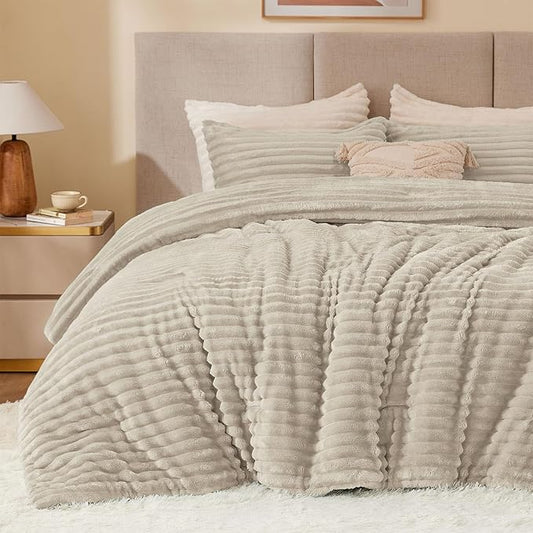 BEDELITE Fleece Queen Comforter Set -Super Soft & Warm Fluffy Linen Bedding, Luxury Fuzzy Heavy Bed Set for Winter with 2 Pillow Cases