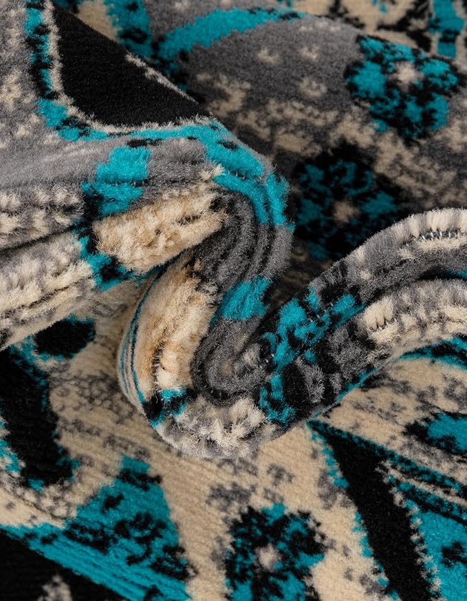 Unique Loom Taftan Collection Border Geometric Tribal Inspired Design Area Rug (9' 10 x 13' 0 Rectangular, Turquoise/ Gray)