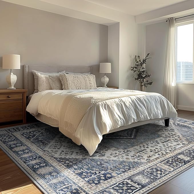 GENIMO 5X7 Area Rugs for Living Room, Machine Washable Non Slip Vintage Rugs, Low Pile Lightweight Chenille Print Rug for Bedroom, Dining Room, Home Office, Navy/Cream