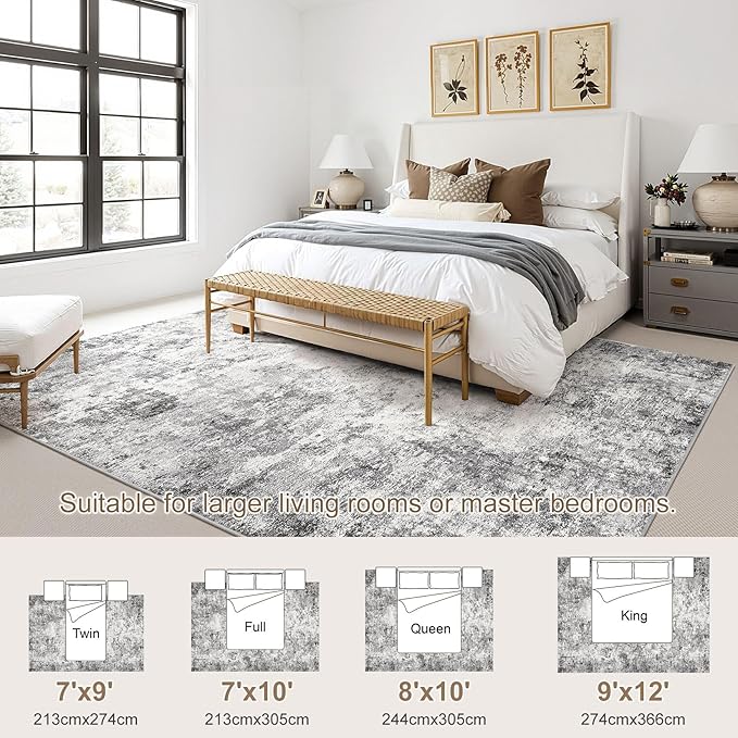 7x10 Area Rug Living Room Rugs - Washable Neutral Modern Abstract Soft Thin Large Rug Indoor Floor No Slip Rug Carpet for Bedroom Under Dining Table Home Office Decor - Grey