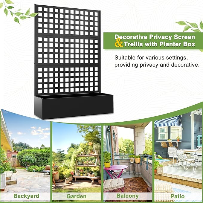 FENCY Metal Raised Garden Bed with Trellis, Metal Planter Box with Trellis, Garden Box for Climbing Plants Vegetable, 47''Lx16''Wx71''H Garden Bed with Drainage Holes(Black)