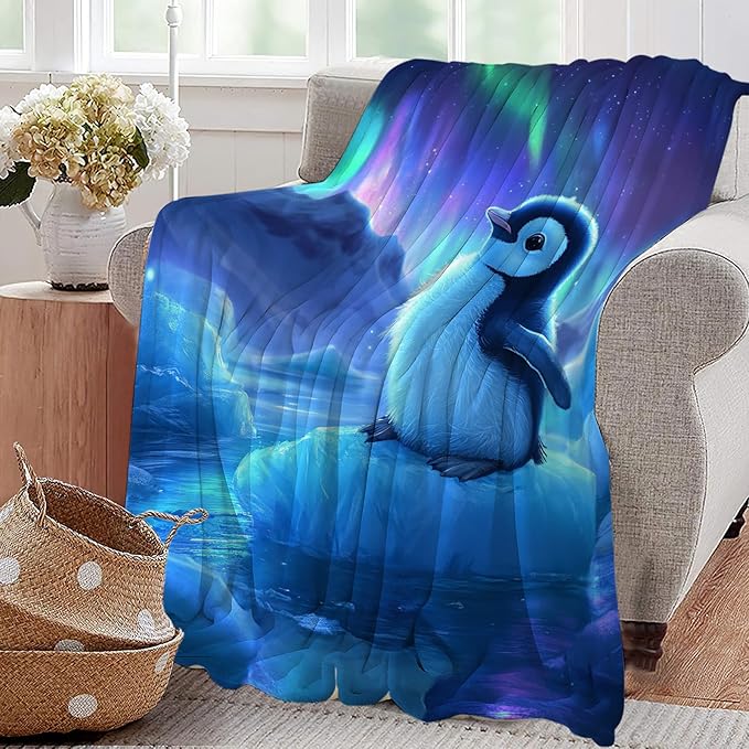 Cute Penguin Blanket Aurora Starry Night Animal Throw Blankets Gifts for Girls Boys Kids Penguin Lover Soft Cozy Fleece Plush for Couch Sofa Bed 50"x40"