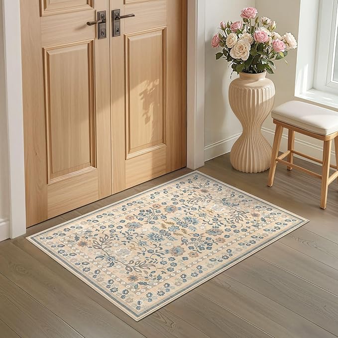 Door Mat Entrance Rug: 2x3 Washable Area Rug Boho Floral Small Rug - Non-Slip Low Pile Throw Indoor Carpet for Entryway Kitchen Front Door Bathroom Entry Kids Room - Multi Color