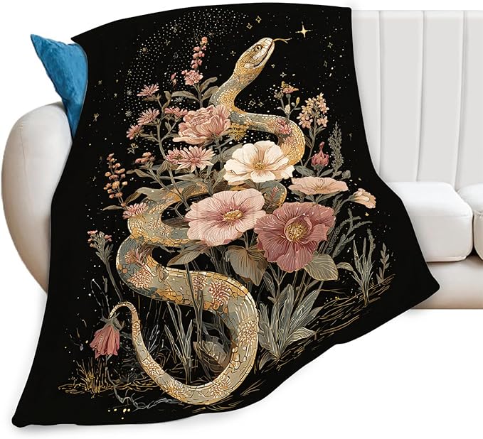 Golden Snake Blanket Fantasy Floral Reptiles Throw Blankets Gifts for Girls Boys Kids Snake Lover Soft Cozy Fleece Plush for Couch Sofa Bed 80"x60"
