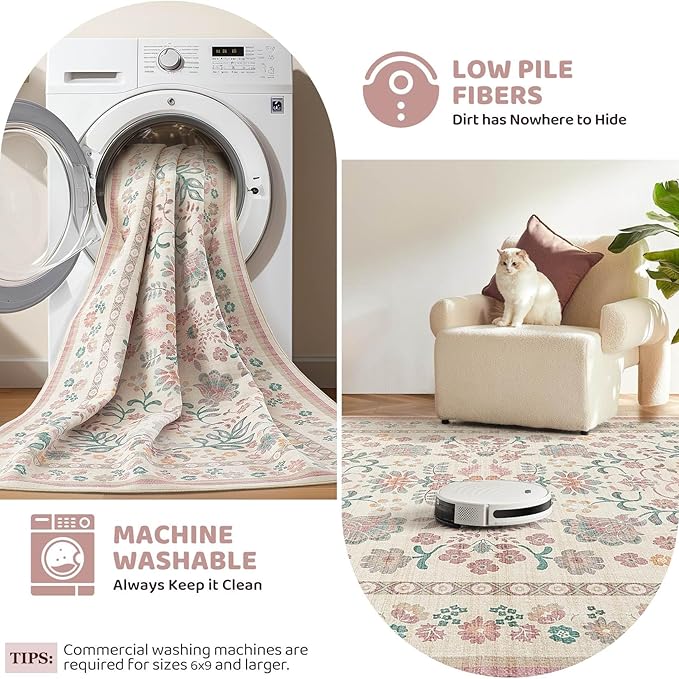 Runner Rug for Hallways Kitchen: 2x8 Washable Area Rug Boho Floral Soft Long Rug - Non-Slip Low Pile Throw Indoor Carpet for Entryway Kitchen Bedroom Laundry Bathroom - Pink