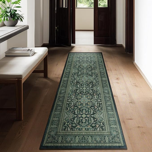 Dark Green Rug Runners for Hallways 2x6, Vintage Boho Entry Rug with Floral Moroccan Pattern Printed for Kitchen Bathroom, Washable Non Slip Runner Low Pile Thin for Laundry Room Bedside