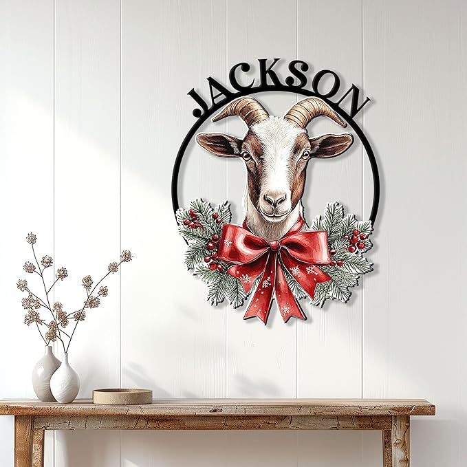 Custom Goat Christmas Metal Sign – Personalized Name Wall Decor for Porch Yard, Barn, Farmhouse, or Home – Funny Holiday Gift for Animal Lover, Mom, Dad, Farmer, or Neighbor