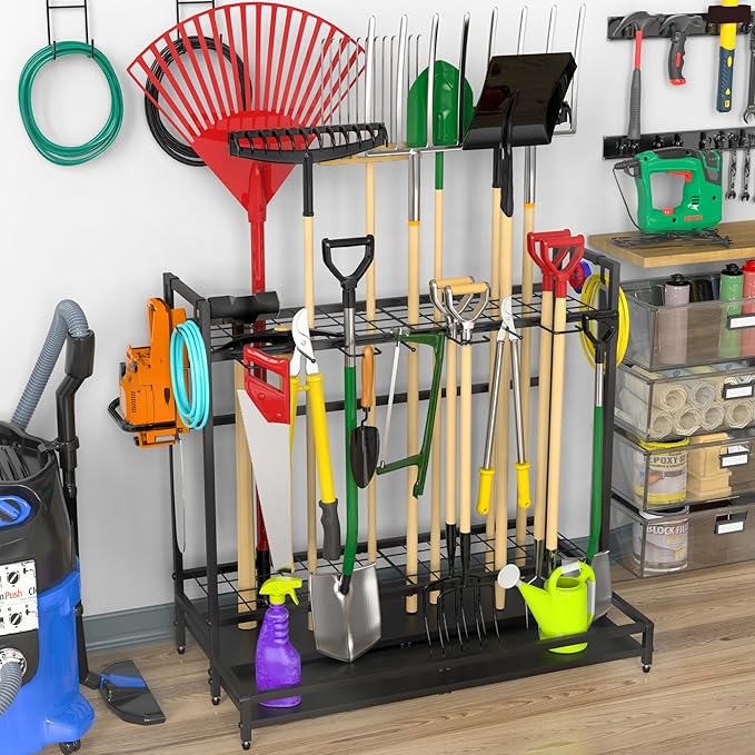 Garden Tool Organizer for Garage, Yard Tool Rack, Holds Up to 64 Long-Handled Tools, Black Metal Garden Tools Rack Storage with Hooks for Yard Shed Garage Organization