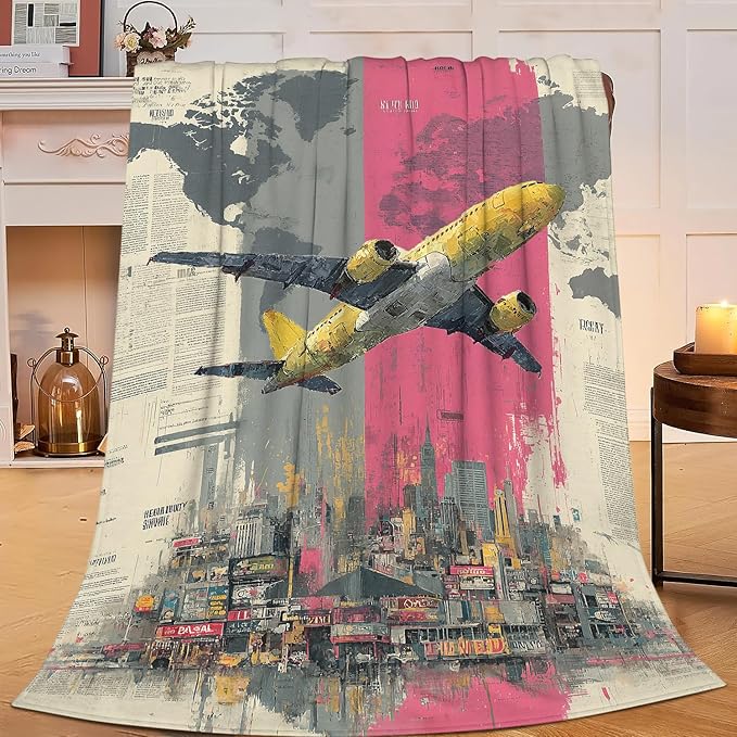Airplane Throw Blanket Rustic Aircraft Blankets Aviation Traver Fleece Plush Super Soft Cozy Warm Pilot Decor Gifts for Boys Girls Kids Adults Men Women 50" x 60"
