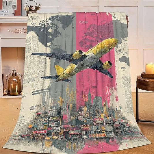 Airplane Throw Blanket Rustic Aircraft Blankets Aviation Traver Fleece Plush Super Soft Cozy Warm Pilot Decor Gifts for Boys Girls Kids Adults Men Women 50" x 60"