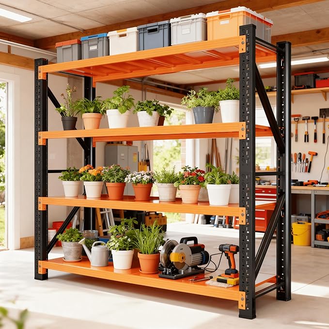 4-Tier Storage Shelves,79" H Heavy-Duty Garage Shelving Unit,Adjustable Metal Industrial Shelf System,3,500lbs Capacity,Tool Organizer for Garage,Workshop,48" W x 20" D x 79" H,Black&Orange
