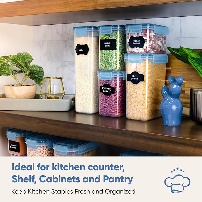 Chef's Path Airtight Food Containers with Lids (24 Pack - Blue) Kitchen Pantry Organization - BPA Free Food Storage Organizers for Cereal, Brown Sugar, Dry food - With Marker, Labels & Spoons