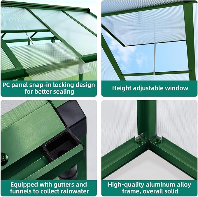 6x8 ft Greenhouse, Large Aluminum Greenhouses for Outdoors, Heavy Duty Polycarbonate Greenhouse with Roof Vent, Walk-in Green Houses for Winter Garden, Backyard, Patio, Lawn, Easy Assembly