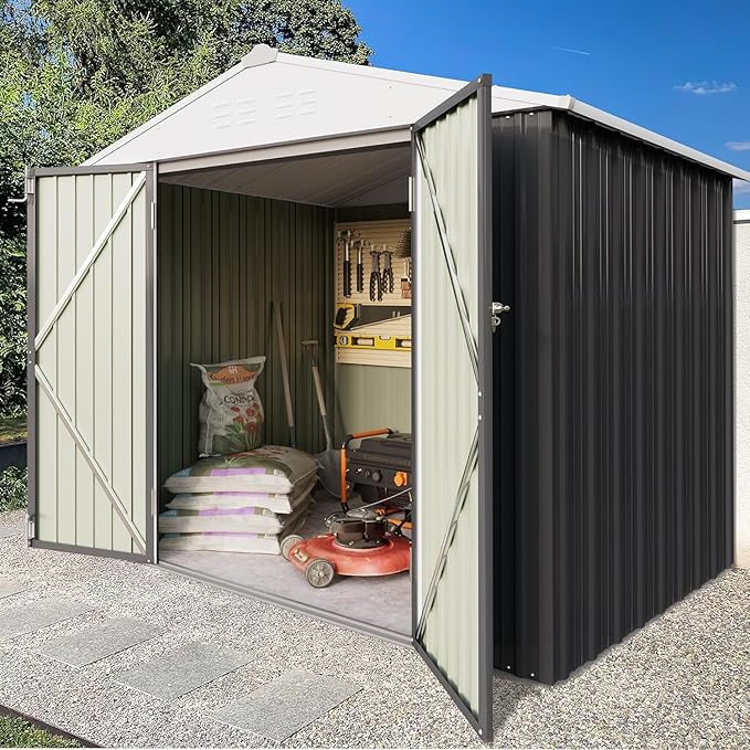 Greesum 8x6FT Outdoor Storage Shed, Utility Tool Shed with Sloping Roof, Metal Storaged Garden Shed with Door & Lock for Patio Storage, Gray