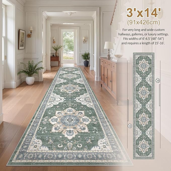 Area Rug for Living Room - 3x14 Soft Washable Oriental Vintage Floral Distressed Large Carpet - Fade Stain Resistant Non Slip Rugs for Bedroom Dining Room Nursery Dorm Office Home Decor - Green