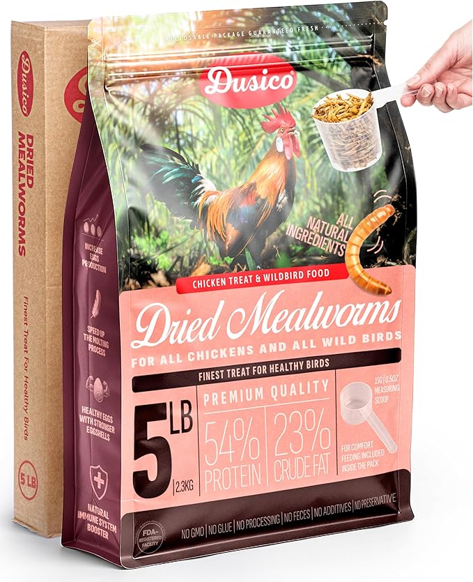 Dusico® Dried Mealworms 5LB Bag of Premium High Protein Non-GMO Chicken Treat & Wild Bird Food - Mealy Worms Additive for Bluebirds Feeder, Poultry, Ducks, Quail, Reptiles & Fish