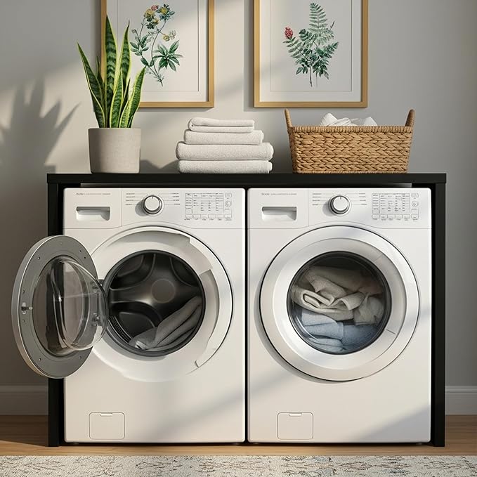 Over Washer and Dryer Shelf - Engineered Wood Laundry Room Organizer with Side Panels - Utility Topper for Storage, Folding Surface, Laundry Supplies, Detergent and Décor