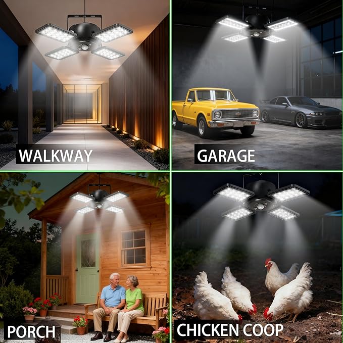 Solar Shed Light Indoor Outdoor 1200LM 144LED Pendant Light, Motion Sensor with Upgrade 5 Lighting Modes & Remote Control 4-Leaf 120°Adjustable Lights for Home Yard Garage