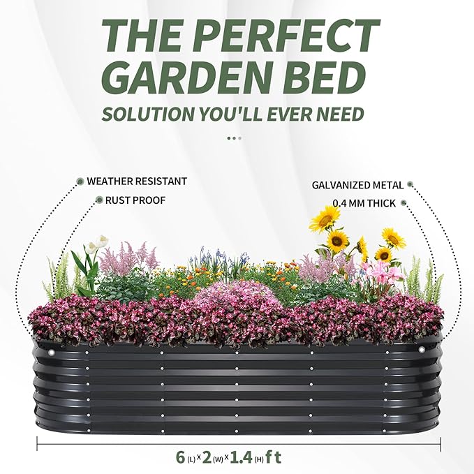 1MORE Galvanized Raised Garden Bed- Planter Garden Boxes Outdoor, Raised Beds for Gardening, 6x2x1.4ft Metal Garden Bed Kit for Vegetables Flower, Planter Raised Bed with Protective Tape.Grey-2pcs