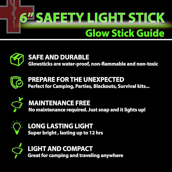 32 Ultra Bright 6 Inch Large Green Halloween Glowsticks - Chem Lights Sticks with 12 Hour Duration - Camping Glowsticks, Emergency Glow Stick For Storms Blackouts - Glowsticks for Parties Activities