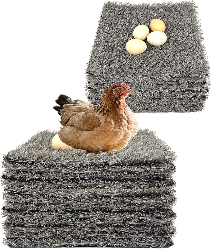 12 Pack Chicken Nesting Pads for Chicken Coop, 11.8"x11.8" Reusable Plastic Artificial Grass Nesting Box Pads Washable Laying Eggs Turf Egg-Protecting Mats for Coops, Pets & Crafts - Grey