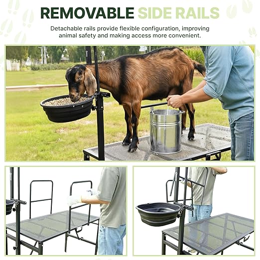 Goat Stand with Adjustable Headpiece & Legs, Goat Milking Stand with Feeder, Rails & Wheels, Stanchion for Grooming & Hoof Trimming, Sheep Stand for Shearing Heavy-Duty Steel Platform, Black