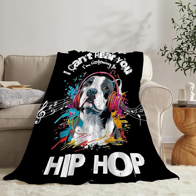 French Bulldog Throw Blanket Ultra Soft Cozy Funny Hip-Hop Music Dog Blanket Fleece Fuzzy Plush Bulldog Lovers Decor Gifts for Women Girls Adults Couch Sofa 80"x60"
