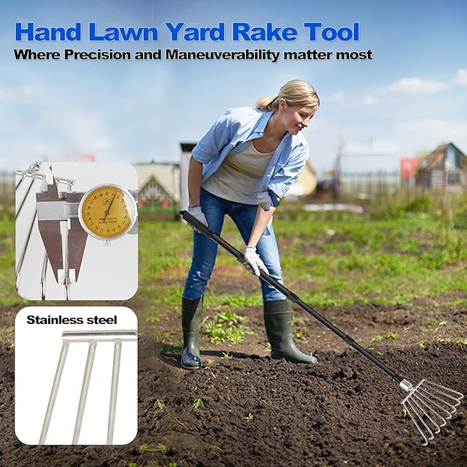 Rake for Leaves Small, Metal Leaf Rakes for Gardening Thatching Weeding Tilling Soil Planting, Hand rake Garden Tool for Cleaning Debris, Weed, Grass in Lawn, Yard, Flower Beds, Landscape