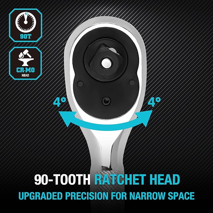 DURATECH 3PCS Stubby Ratchet Wrench Set, 90-Tooth 1/4" 3/8" 1/2" Drive Socket Wrench, Mini Small Ratchet with CR-MO Head, Quick-Release & Reversible Design, Full Polished, EVA Organizer