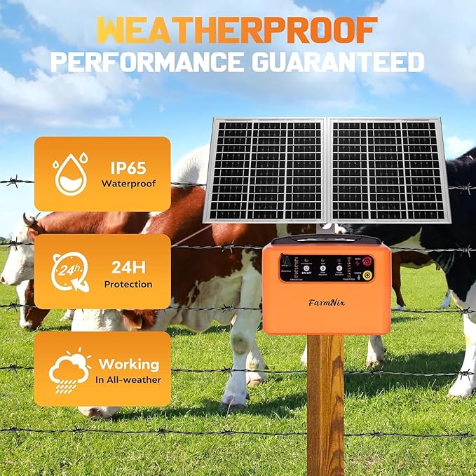 30 Miles Solar Electric Fence Charger with 15W Solar Panel,4 Gears Adjustable Output Power:0.3J,0.8J,1.1J,1.5J,24-Hour Protect Electric Fence for Livestock,Sheep,Horses,Cattle