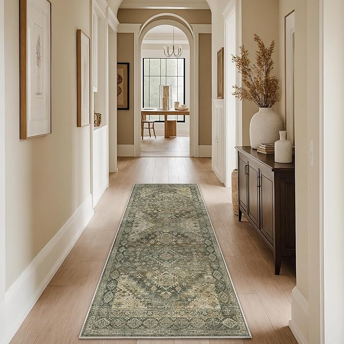GENIMO 2x5 Washable Runner Rug for Hallway, Vintage Non Slip Low Pile Carpet, Soft Lightweight Printed Rug for Entryway, Kitchen, Corridor & Home Office, Green Khaki
