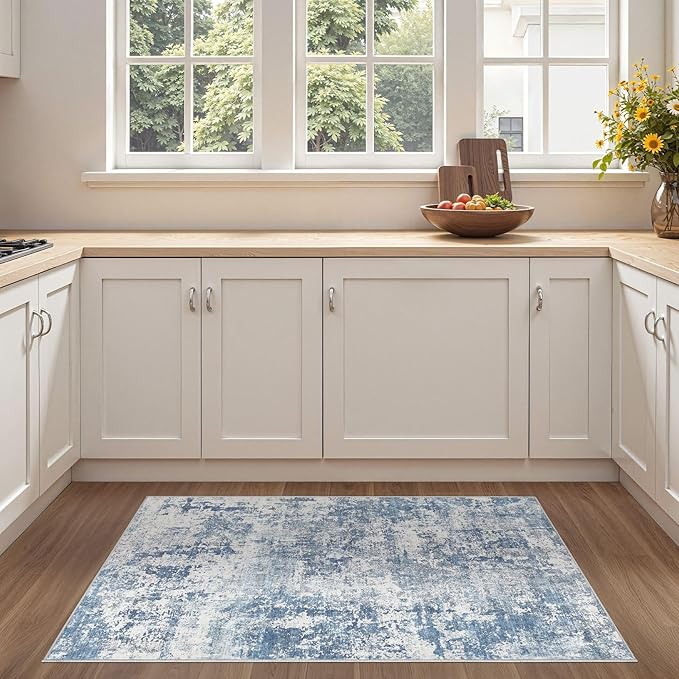 3x5 Area Rug Living Room Rugs - Washable Neutral Modern Abstract Soft Thin Rug Indoor Floor No Slip Rug Carpet for Bedroom Under Dining Table Home Office Decor - Blue White