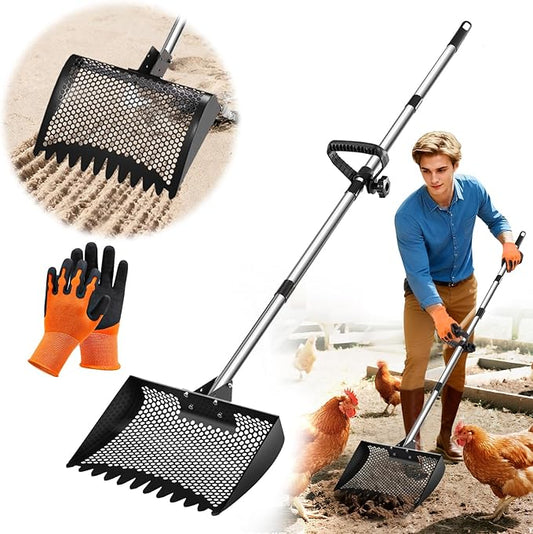 12inch Chicken Poop Scooper & Rake 2-in-1, Heavy Duty Metal Chicken Coop Scoop for Sand with Ergonomic Grip, Adjustable Angle Stainless Steel Chicken Coop Rake Litter Sifting Shovel (37-64")