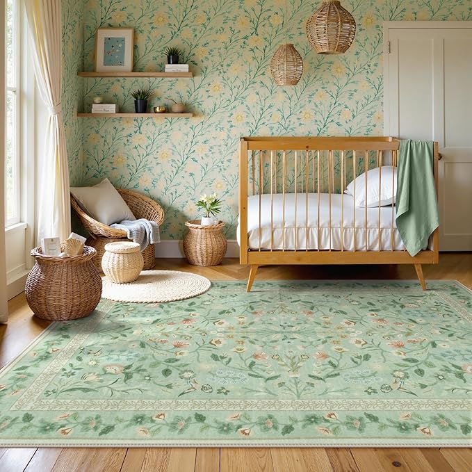 Lahome Floral Washable Area Rugs 8x10, Non-Slip Living Room Carpet Soft Tumble Washable Rugs for Bedroom Nursery, Vintage Botanical Print Carpet for Classroom Kids Room Dining Room, Sage
