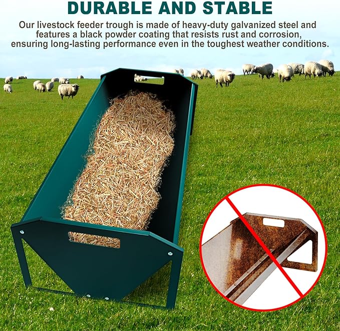 Portable 45" Long Galvanized Steel Livestock Feeding Trough, Heavy Duty Livestock Feeder 22 Gallon Capacity, Galvanized Steel Sheep Trough for Horse, Cattle, Cow, Alpaca