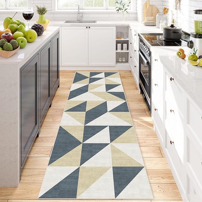 Blue and Gold Washable Geometric Runner for Hallway Bedroom 2x6 Modern Abstract Non Slip Rug Low Pile Indoor Floor