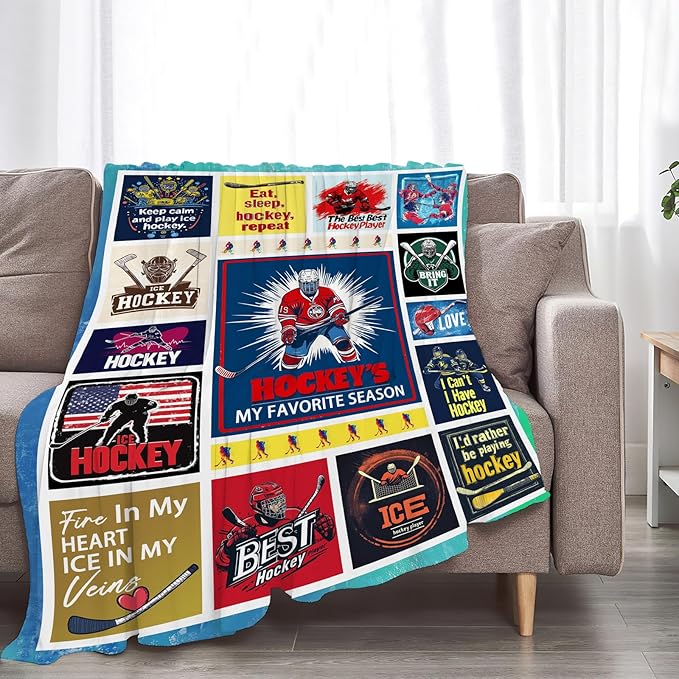 Ice Hockey Blanket Gifts for Boys Man Soft Warm Plush Ice Hockey Sport Player Throw Blanket Flannel Fleece Fuzzy Sports Blanket for Lovers Kids Bed Couch Living Room Decor 60"X50"