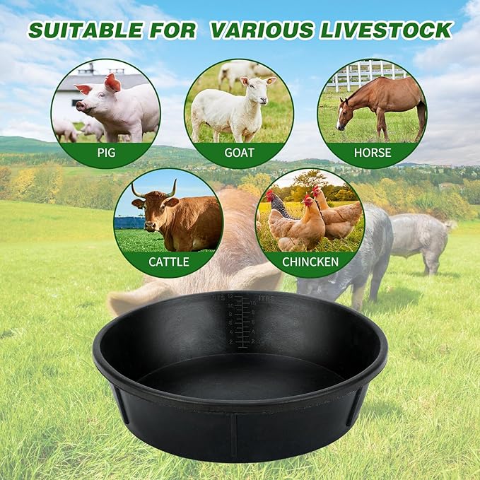 3Pcs Heavy Duty Rubber Feeder Pan, 12Q/3Gal Horses Feed Pan, Large Feed Bucket for Animal Feeding, Livestock Water Bowl Chicken Dust Bath Tub for Horse Goat Pig Dog Farm Livestock Poultry
