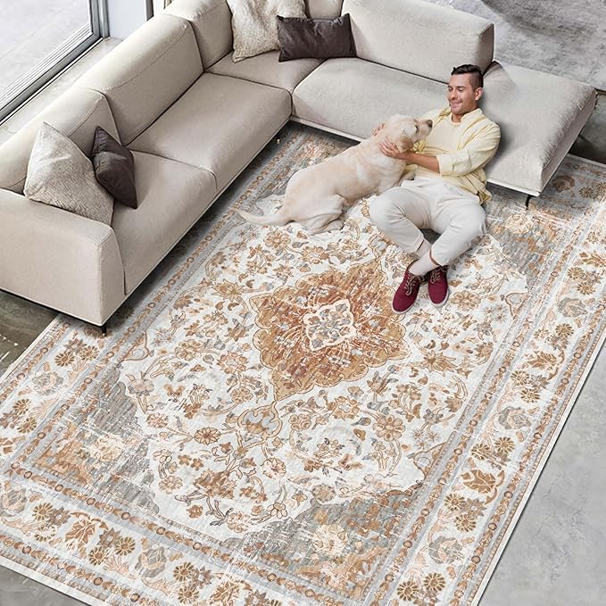 Vhong Boho Area Rugs Washable Vintage Modern Neutral Large Carpet Brown and Grey 5×7 High Traffic Rugs for Dinning Room Living Room Bedroom Farmhouse Non Slip