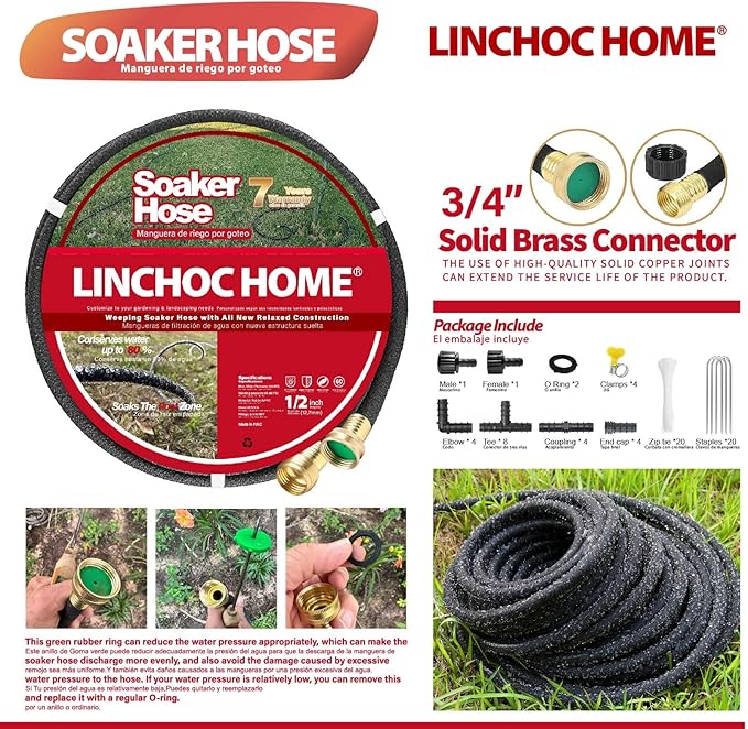 1/2 Inch Solid Brass Soaker Hose | Heavy Duty Leakproof Garden Hose for Gardens, Lawns & Landscaping | Flexible Eco-Friendly Design(150FT KIT)