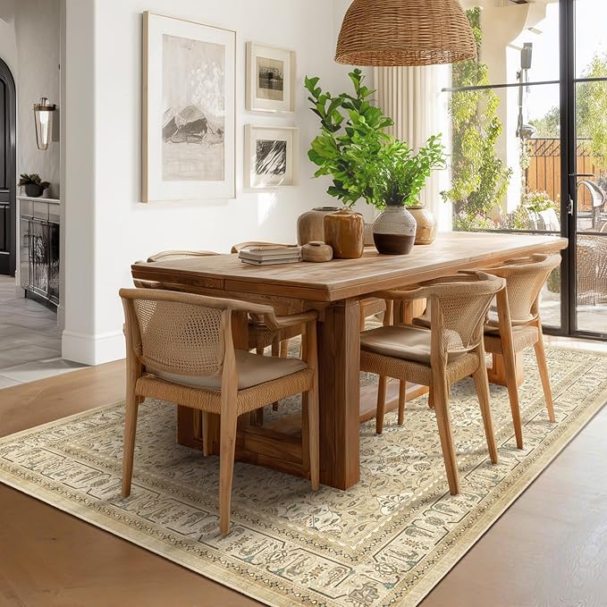 Warm Beige 5x8 Area Rug, Non Slip Washable Rugs for Living Room Bedroom Low Pile Thin Soft, Boho Neutral Floral Moroccan Pattern Printed Carpet Rug for Dining Room Home Office Nursery Playroom